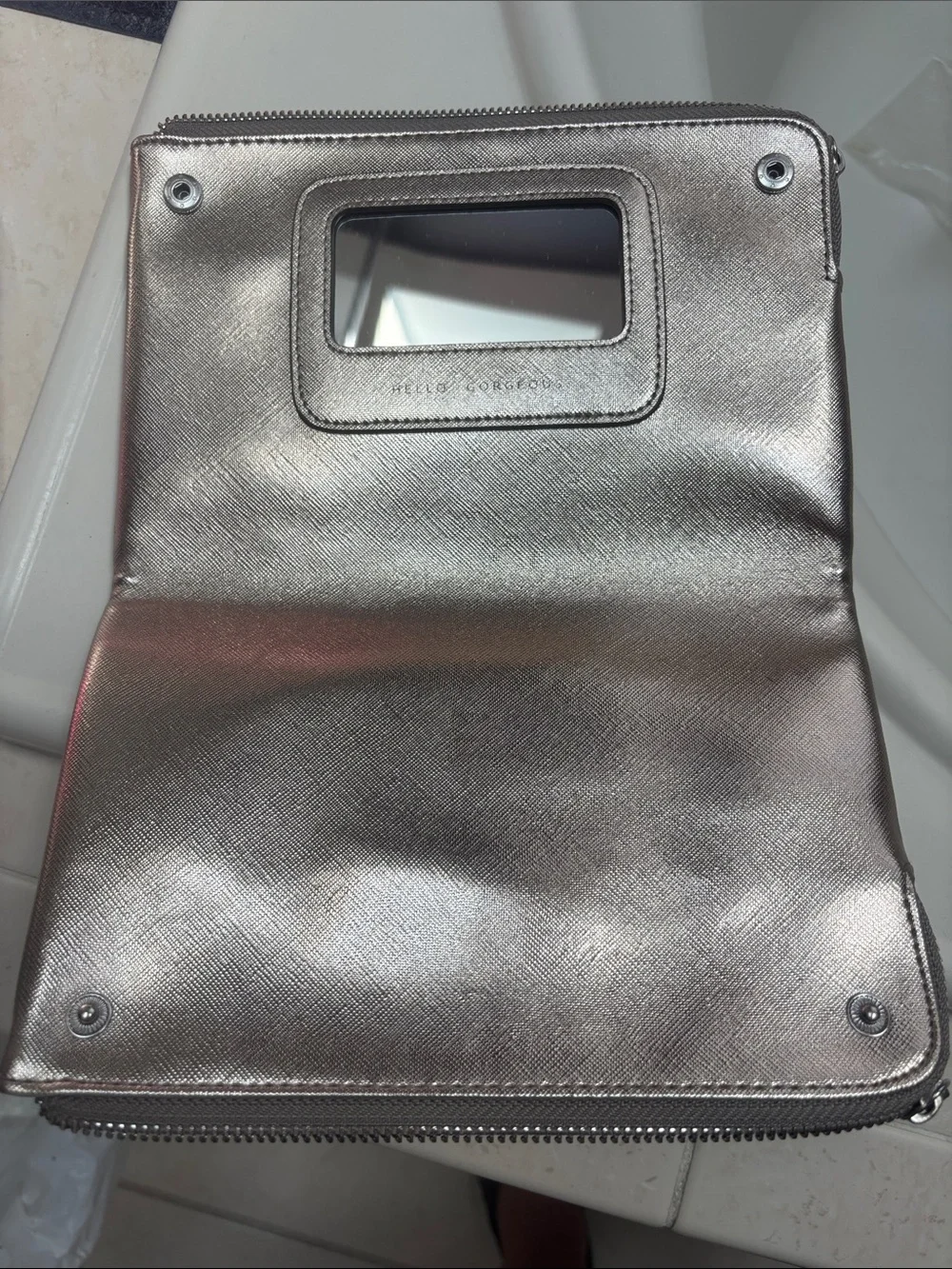 Stella & Dot Metallic Silver Laser-Cut Zip Clutch